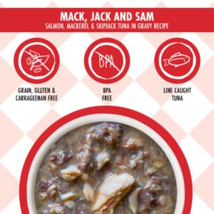 Weruva  貓咪廚房系列濕包 85g ~ Mack, Jack & Sam 野生三文魚 鯖魚及鰹魚 濕包 (紅) x 12包 原箱優惠
