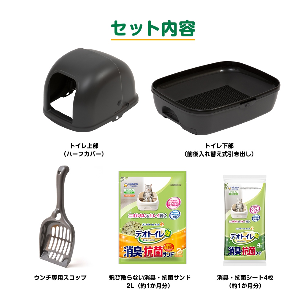 日本 Unicharm 消臭大師 全封閉型雙層貓砂盤套裝 (黑色)