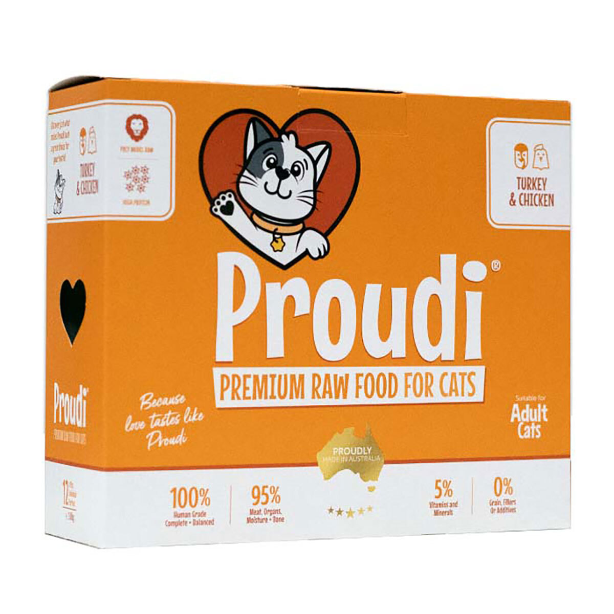 Proudi 急凍生肉貓糧 火雞+雞 1.08kg (90g x12件)一盒裝 (橙)