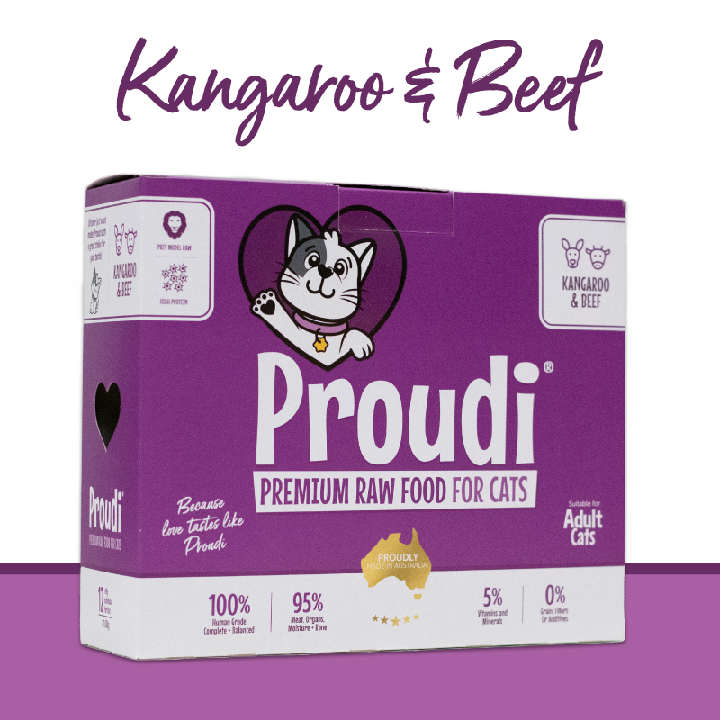 Proudi 急凍生肉貓糧 牛+袋鼠 1.08kg (90g x12件)一盒裝 (紫)