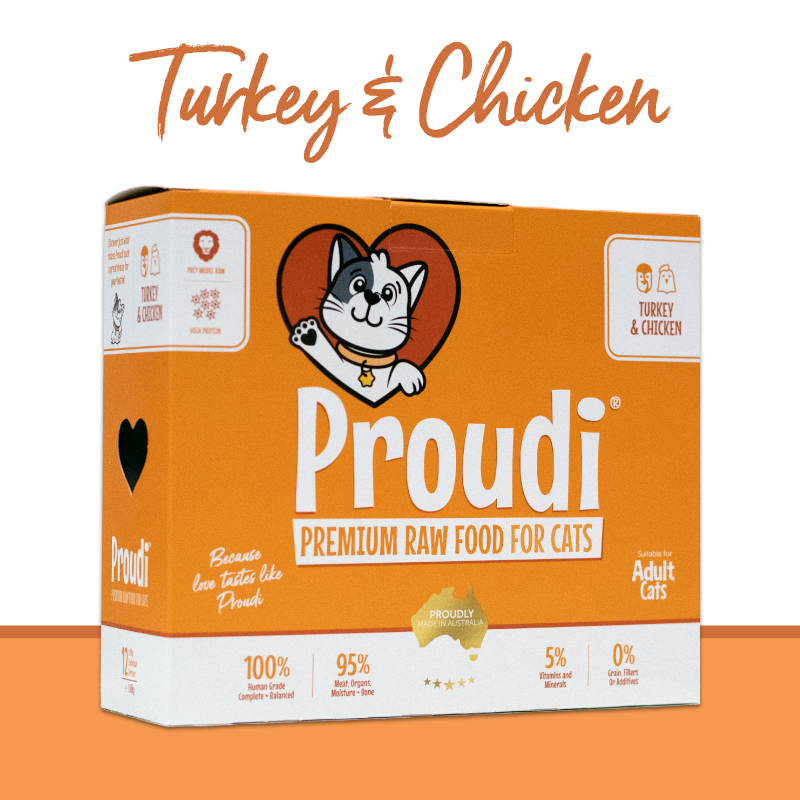 Proudi 急凍生肉貓糧 火雞+雞 1.08kg (90g x12件) x 四盒優惠 (橙)
