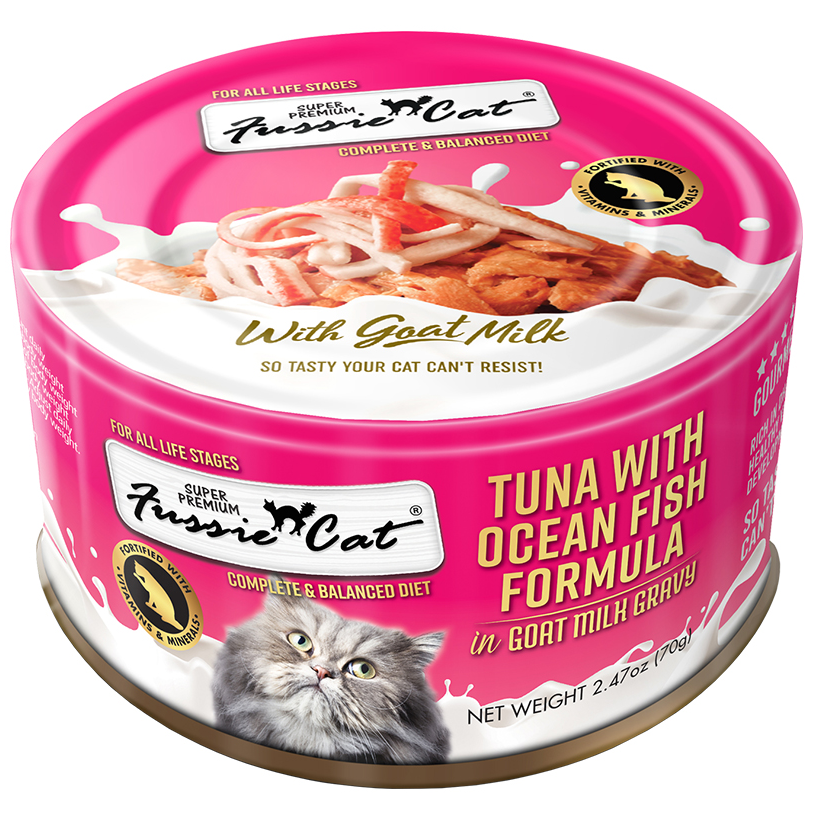 ＜购买正价货品满$300~可以优惠价$10換购＞　Fussie Cat (高窦貓) 山羊奶汤汁主食罐 极品吞拿鱼 + 海鱼 (70g) (数量有限, 售完即止)