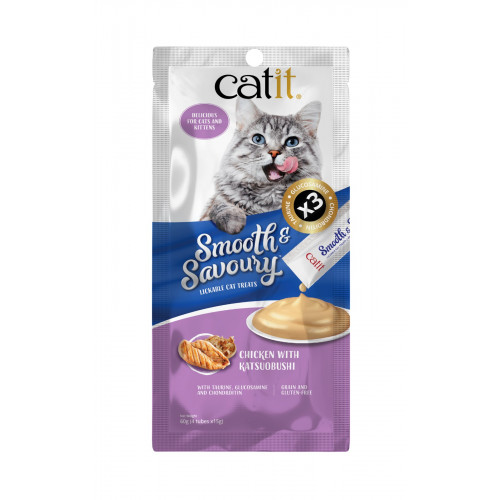 Catit Smooth & Savoury 鲜肉泥小食 Lickable Cat Treats  鸡肉+鰹鱼 Chicken with Katsuobushi 60g (15g x4) 到期日：07/2026