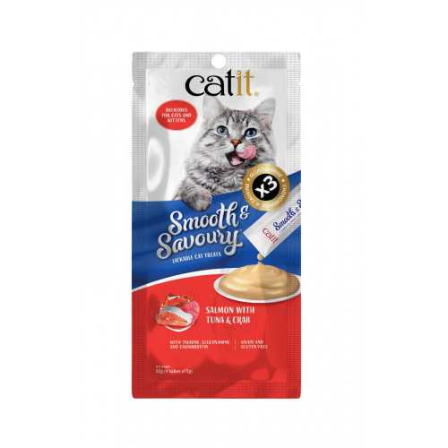 Catit Smooth & Savoury 鮮肉泥小食 Lickable Cat Treats 三文魚+吞拿魚+蟹 Salmon with Tuna & Crab 60g (15g x4) 到期日:07/2026