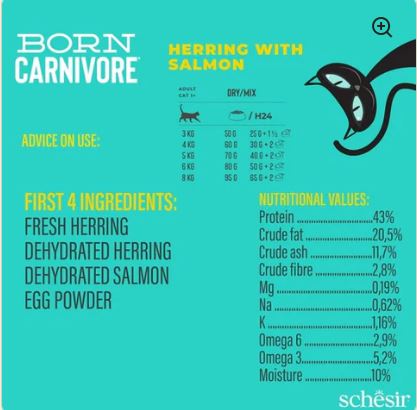 Schesir - Born Carnivore 高蛋白系列 無穀物 鯡魚及三文魚 成貓乾糧 255g
