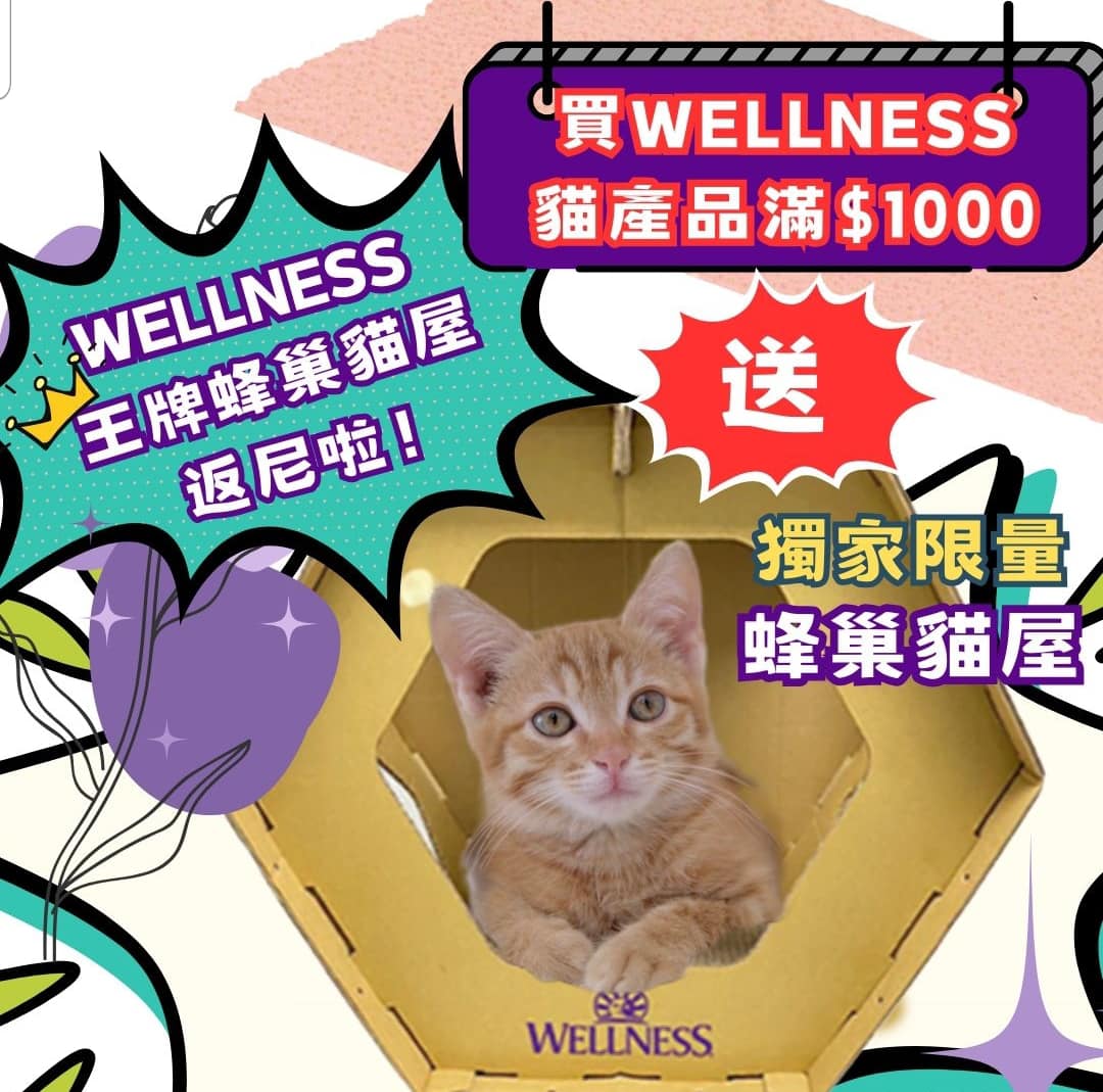 凡购买wellness貓产品正价满$1000，即可免费獲贈蜂巢貓屋一个(数量有限，送完即止)