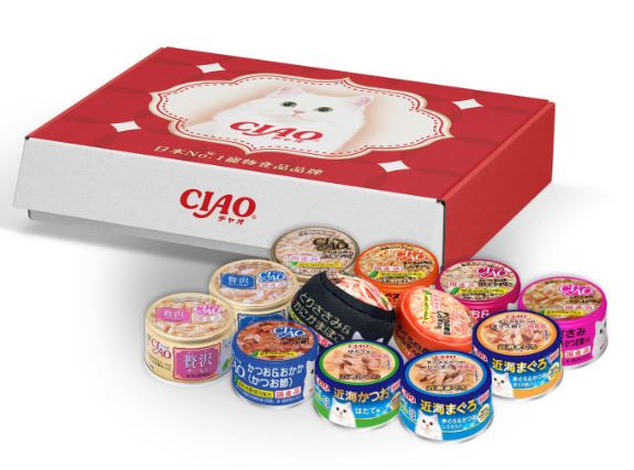 ＜凡購買滿$500~可以$108(原價$124)換購＞ ciao貓罐頭禮盒套裝(內含10罐隨機ciao 80g罐頭+ 2個罐頭形狀玩具+ 1包醬醬小食)