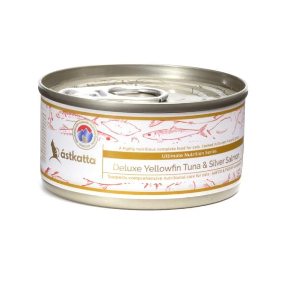 <新产品> Astkatta 纯黃鳍吞拿鱼&银三文鱼肉丝 主食貓罐头 80g (P00197)