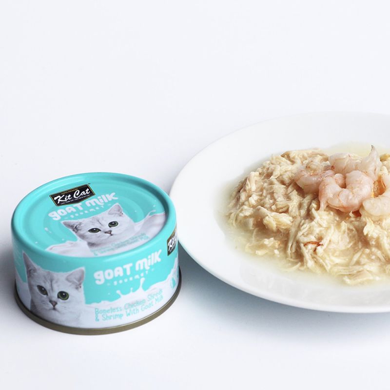 (貓罐頭) Kit Cat 去骨雞肉絲 + 蝦 山羊奶貓罐 70g KC-2289 (綠松色罐)