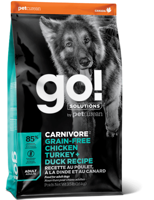 GO! SOLUTIONS™ Carnivore 活力营养系列 无谷物鸡肉+火鸡+鸭肉成年犬狗粮配方 (1303017) 12磅 (绿松色)
